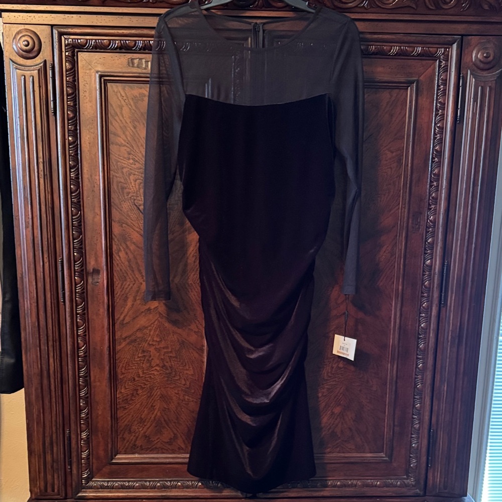 Calvin Klein Elegant Black Velvet & Mesh Ruched Dress
